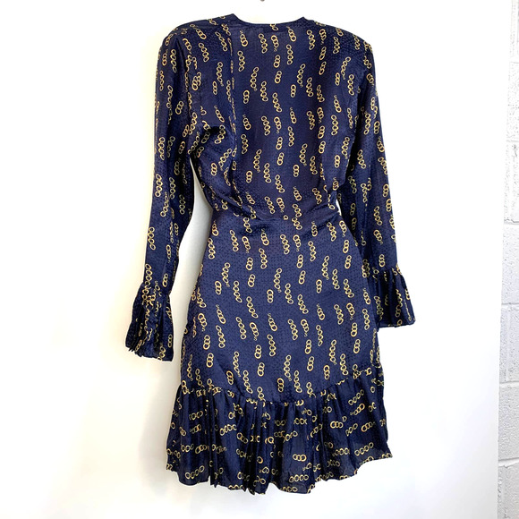 Sandro Milly Dress Chain Link Print Mini Silk Navy Surplice Long Sleeves - Picture 10 of 16